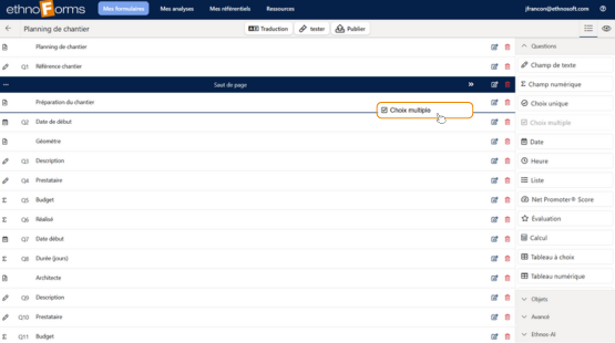 Tous les choix de questions disponibles sur EthnoForms