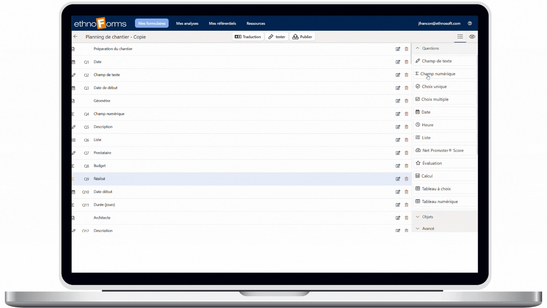 Gif de la mise en page d'un questionnaire par EthnoForms